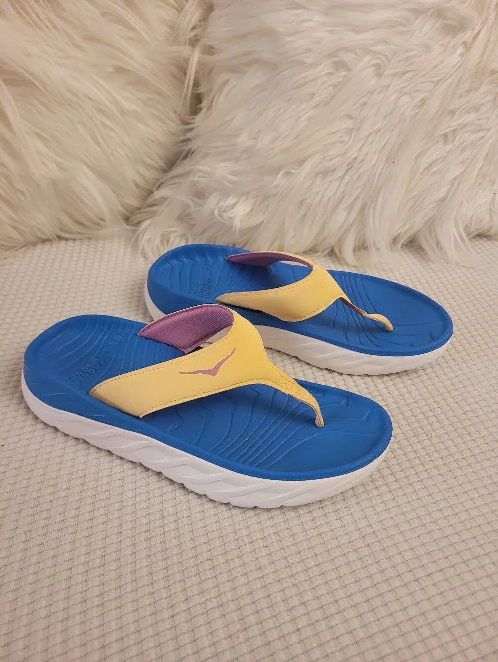 Hoka One One, Blue Platform Flip Flop Sandals with Yellow Straps Mens 8, W-10